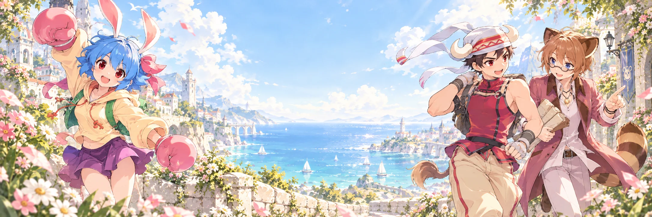 兔子挥着拳套，水牛和戴着眼镜的浣熊一起沿海岸出发。